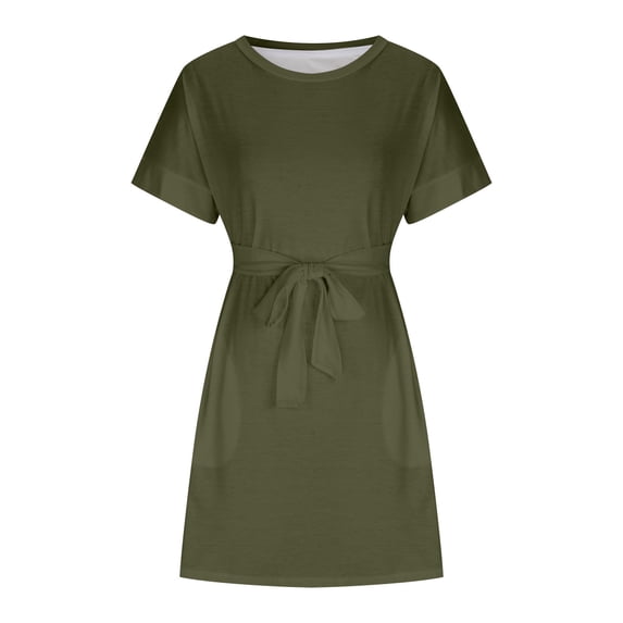 up to 60% off Gifts Usmixi Formal Dresses for Women Casual Pocket Swing A Line Knee-Length Dresses with Belt Crewneck Short Sleeve Solid Summer Midi Dress Army Green m