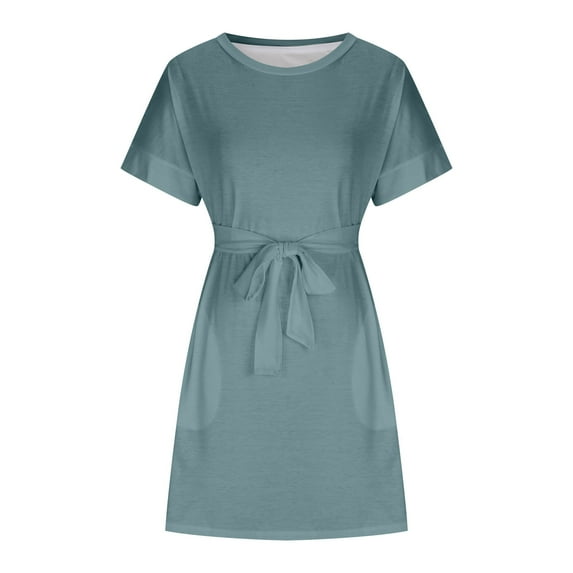 up to 60% off Gifts Usmixi Formal Dresses for Women Casual Pocket Swing A Line Knee-Length Dresses with Belt Crewneck Short Sleeve Solid Summer Midi Dress Light Blue s