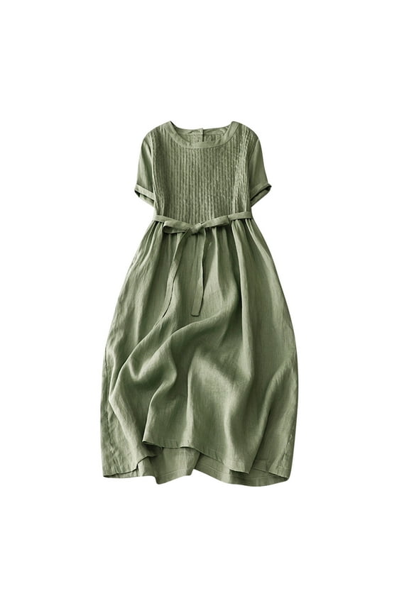 up to 60% off Gifts Usmixi Formal Dresses for Women Daily Casual Wear Soft Cotton Linen Loose Swing Solid Dresses with Belt Crewneck Elbow-Length Plain Summer Long Dress Green m