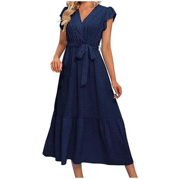 up to 60% off Gifts Usmixi Formal Dresses for Women Elegant Lace Trim Tie Waist Flowy Ruffle Swing Chiffon A Line Dresses V-Neck Short Sleeve Solid Summer Maxi Dress Navy m