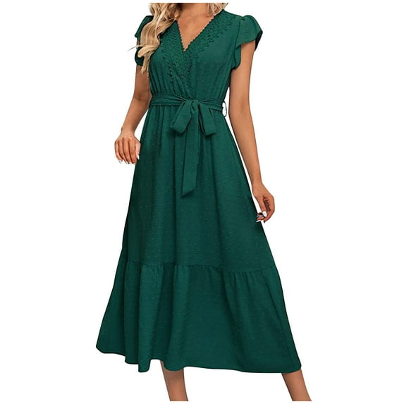 up to 60% off Gifts Usmixi Formal Dresses for Women Elegant Lace Trim Tie Waist Flowy Ruffle Swing Chiffon A Line Dresses V-Neck Short Sleeve Solid Summer Maxi Dress Green s