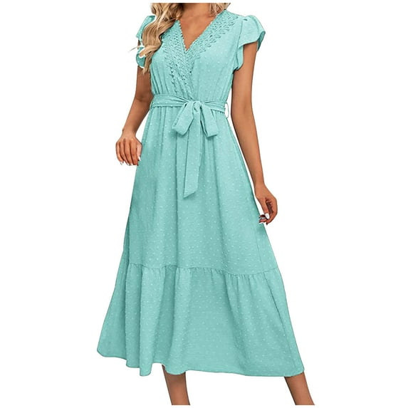 Gifts Usmixi Formal Dresses for Women Elegant Lace Trim Tie Waist Flowy Ruffle Swing Chiffon A Line Dresses V-Neck Short Sleeve Solid Summer Maxi Dress Blue m