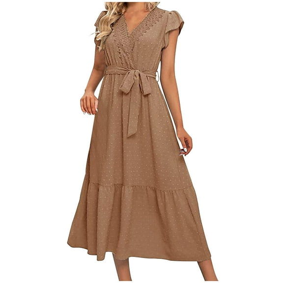 up to 60% off Gifts Usmixi Formal Dresses for Women Elegant Lace Trim Tie Waist Flowy Ruffle Swing Chiffon A Line Dresses V-Neck Short Sleeve Solid Summer Maxi Dress Yellow XXL