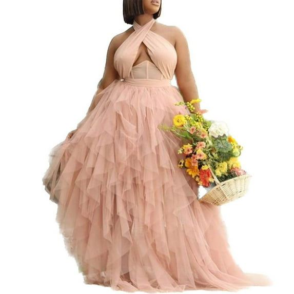 up to 60% off Gifts Usmixi Formal Dresses for Women Evening Party Prom Sexy Cut out Mesh Patchwork Empire Waist Swing Maxi Dresses Halter Sleeveless Solid Summer Long Dress Pink XL