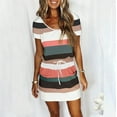 thumbnail image 1 of up to 60% off Gifts Usmixi Formal Dresses for Women Fashion Elastic Waist Adjustable Drawstring Pocket Short Dresses Crewneck Short Sleeve Striped Print Summer Mini Dress Army Green XL, 1 of 5