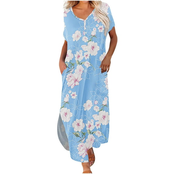 up to 60% off Gifts Usmixi Formal Dresses for Women Loose Button up Irregular Slit Vintage Long Dresses with Pocket V-Neck Short Sleeve Floral Print Summer Maxi Dress Light Blue s