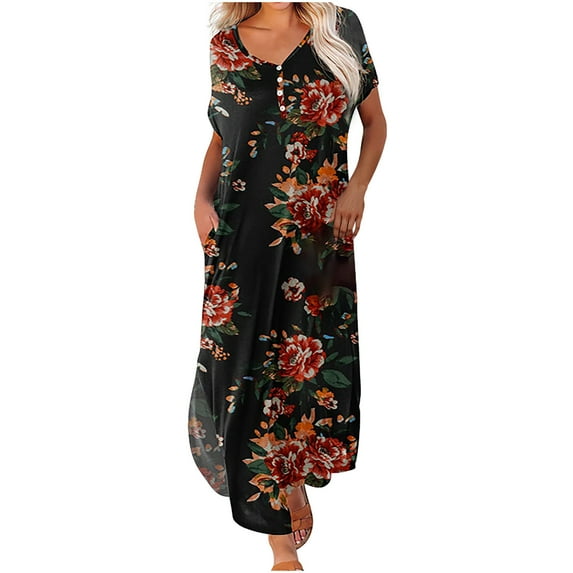 up to 60% off Gifts Usmixi Formal Dresses for Women Loose Button up Irregular Slit Vintage Long Dresses with Pocket V-Neck Short Sleeve Floral Print Summer Maxi Dress Red l