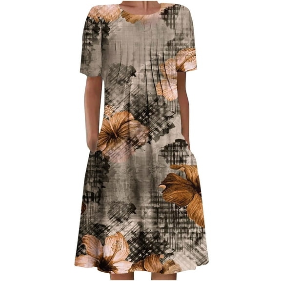 up to 60% off Gifts Usmixi Formal Dresses for Women Loose Pleated Swing Vintage Graphics Tunic Dresses with Pocket Crewneck Short Sleeve Western Print Summer Long Dress Brown XL