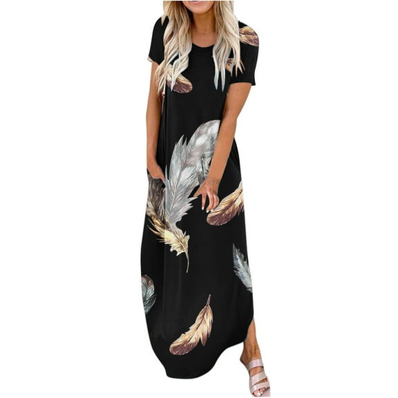 up to 60% off Gifts Usmixi Formal Dresses for Women Loose Pocket Fashion Marbled Print Irregular Slit Maxi Dresses Round Neck Short Sleeve Feather Print Summer Long Dress Black l