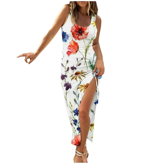 up to 60% off Gifts Usmixi Formal Dresses for Women Night Party Club Sexy Bodycon Slit Knitted Ribbed Tank Long Dresses with Drawstring Scoop Neck Sleeveless Floral Print Summer Maxi Dress Orange XXL