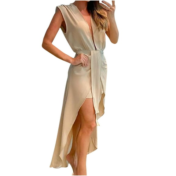 up to 60% off Gifts Usmixi Formal Dresses for Women Party Prom Irregular Wrap Hem Empire Waist Tank High Low Dresses V-Neck Sleeveless Solid Summer Maxi Dress Khaki s