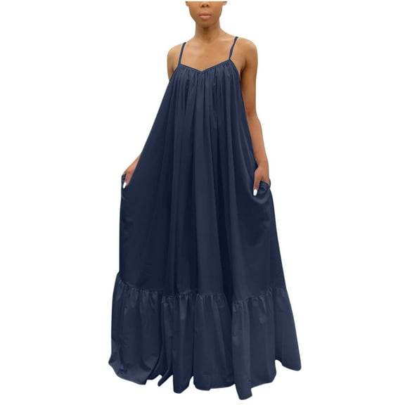 up to 60% off Gifts Usmixi Formal Dresses for Women Plus Size Casual Flowy Ruffle Swing Spaghetti Strap Beach Long Dresses V-Neck Sleeveless Solid Summer Maxi Dress Dark Blue XXL