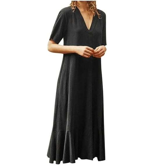 up to 60% off Gifts Usmixi Formal Dresses for Women Plus Size Casual Solid Cotton Linen Ruffle Hem Long Dresses with Pocket V-Neck Short Sleeve Plain Summer Maxi Dress Black XL