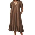 thumbnail image 1 of up to 60% off Gifts Usmixi Formal Dresses for Women Plus Size Casual Solid Cotton Linen Ruffle Hem Long Dresses with Pocket V-Neck Short Sleeve Plain Summer Maxi Dress Khaki XXXL, 1 of 2