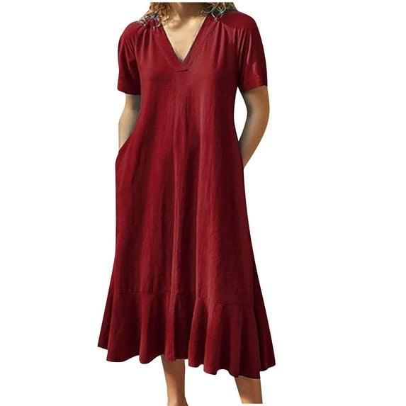 up to 60% off Gifts Usmixi Formal Dresses for Women Plus Size Casual Solid Cotton Linen Ruffle Hem Long Dresses with Pocket V-Neck Short Sleeve Plain Summer Maxi Dress Red m