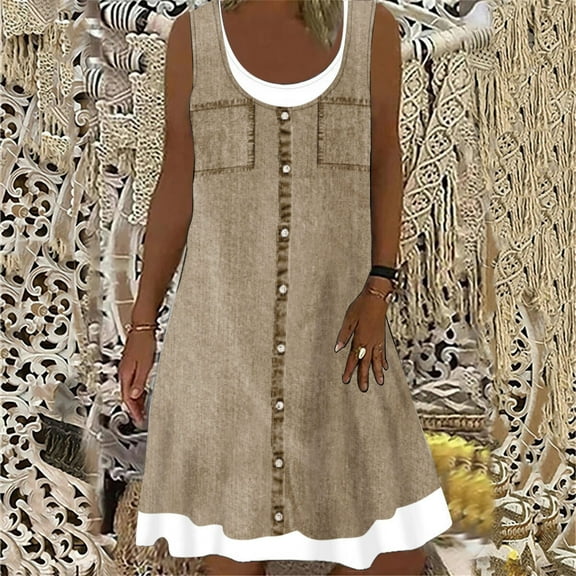 up to 60% off Gifts Usmixi Formal Dresses for Women Plus Size Fashion Fake 2 Pieces Loose Swing Tank Midi Dresses Scoop Neck Sleeveless Solid Summer Knee-Length Dress Brown XXXL