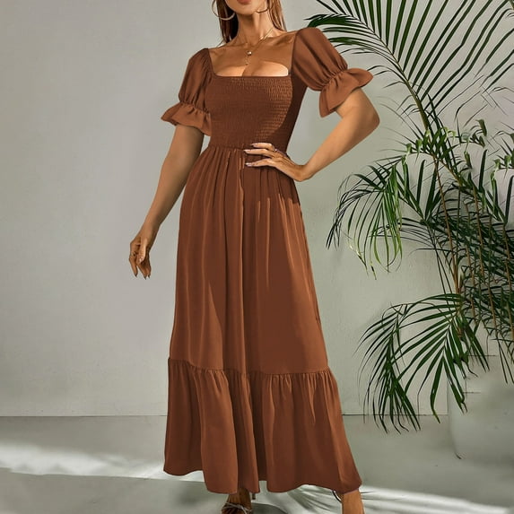 up to 60% off Gifts Usmixi Formal Dresses for Women Short Sleeve Square Neck Solid Summer Maxi Dresses Elastic Waist Ruffle Swing Prom Formal Dress Coffee M Up to 65% off