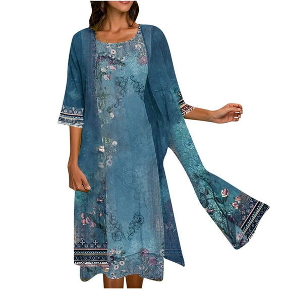 up to 60% off Gifts Usmixi Formal Dresses for Women Sleeveless Round Neck Floral Print Summer Maxi Dresses 2 Pieces Cardigan Sets Loose Pleated Swing Tank Dress Blue l