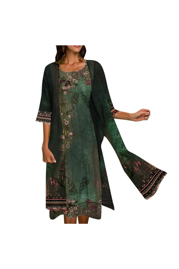 up to 60% off Gifts Usmixi Formal Dresses for Women Sleeveless Round Neck Floral Print Summer Maxi Dresses 2 Pieces Cardigan Sets Loose Pleated Swing Tank Dress Green XL