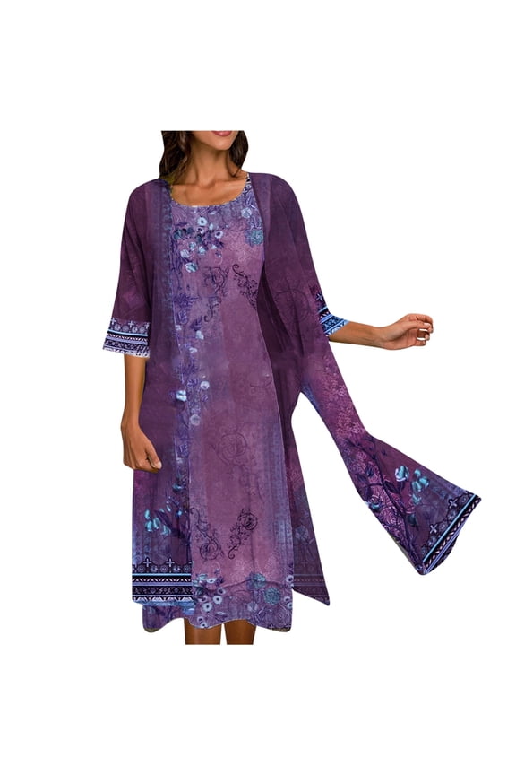 up to 60% off Gifts Usmixi Formal Dresses for Women Sleeveless Round Neck Floral Print Summer Maxi Dresses 2 Pieces Cardigan Sets Loose Pleated Swing Tank Dress Purple m