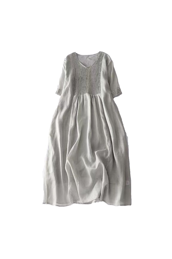 up to 60% off Gifts Usmixi Formal Dresses for Women Vintage Cotton Linen Pleated Swing Loose Beach Long Dresses V-Neck Elbow-Length Solid Summer Maxi Dress Gray XL