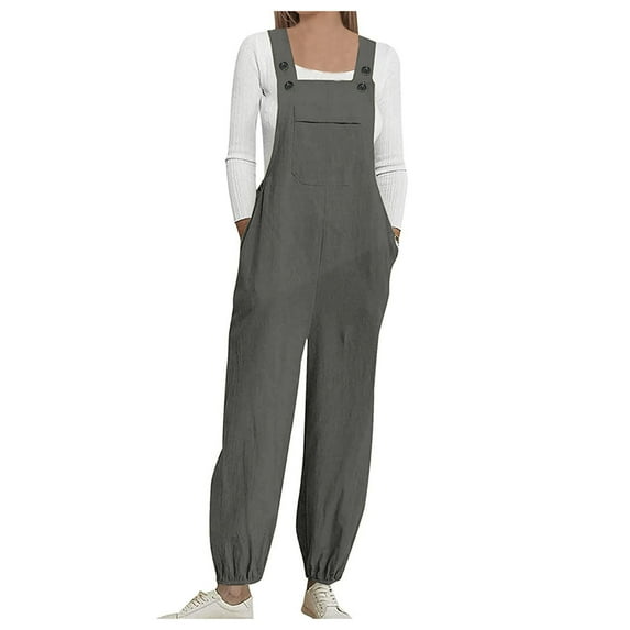 up to 60% off Gifts Usmixi Jumpsuits for Women Casual Cotton Linen Loose Button Strap Straight Long Jumpsuits Overalls with Pocket Summer Formal Solid Square Neck Sleeveless Maxi Rompers Gray l