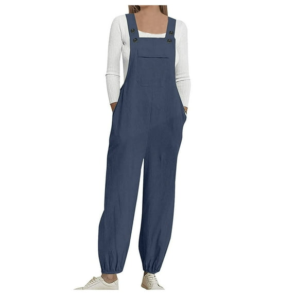 up to 60% off Gifts Usmixi Jumpsuits for Women Casual Cotton Linen Loose Button Strap Straight Long Jumpsuits Overalls with Pocket Summer Formal Solid Square Neck Sleeveless Maxi Rompers Navy m