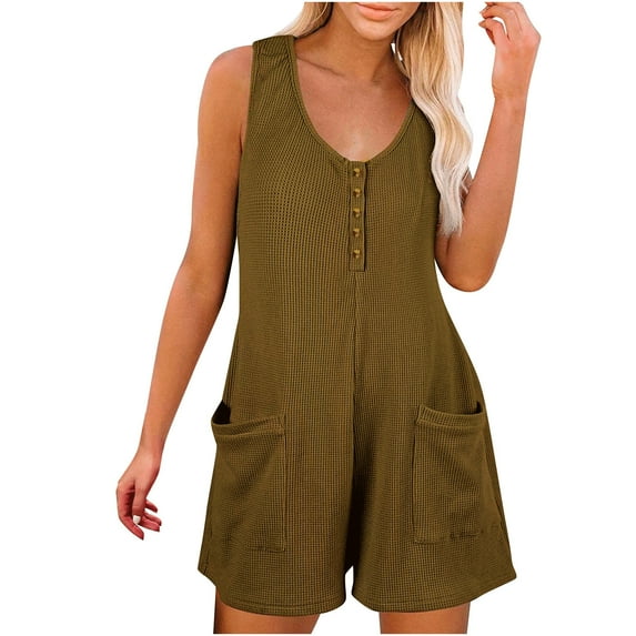 up to 60% off Gifts wycnly Jumpsuits for Women Casual Solid Soft Knitted Ribbed Button up Loose Pocket Tank Jumpsuits Overalls Summer Formal Plain Round Neck Sleeveless Short Rompers Army Green xxl