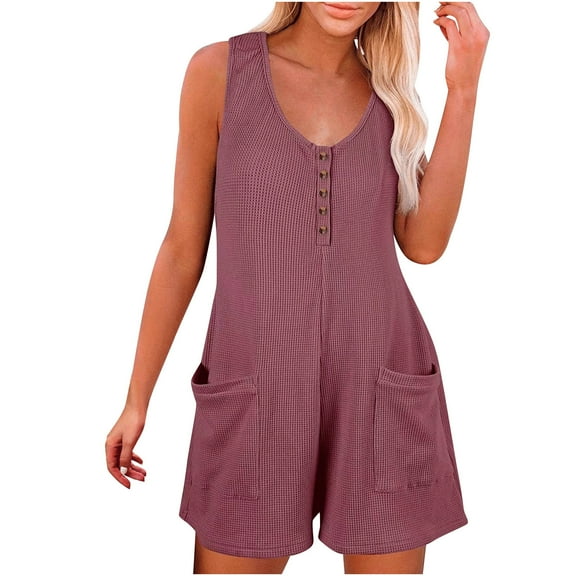 up to 60% off Gifts Usmixi Jumpsuits for Women Casual Solid Soft Knitted Ribbed Button up Loose Pocket Tank Jumpsuits Overalls Summer Formal Plain Round Neck Sleeveless Short Rompers Purple xxl
