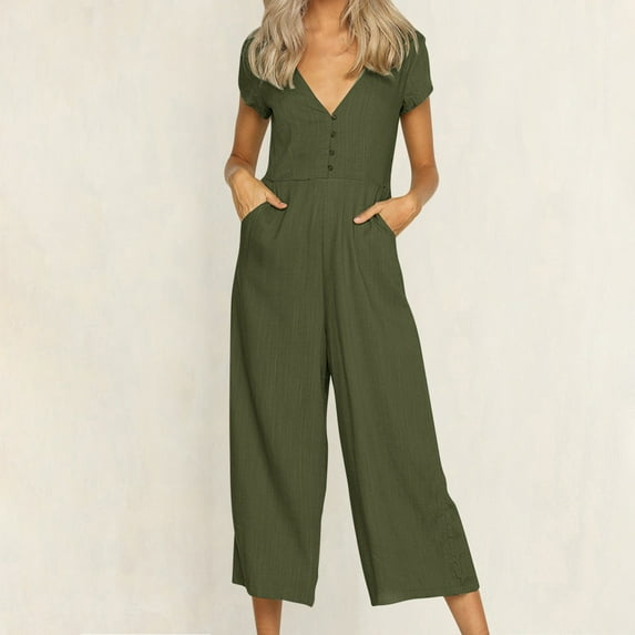 up to 60% off Gifts wycnly Jumpsuits for Women Dressy Casual Button up Comfy Cotton Linen Pocket Long Jumpsuits Overalls Summer V-Neck Short Sleeve Solid Maxi Formal Rompers Green s