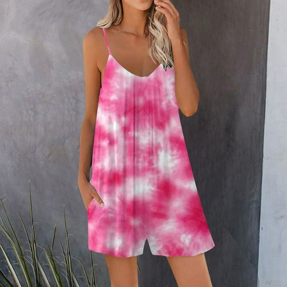 up to 60% off Gifts Usmixi Jumpsuits for Women Dressy Casual Loose Pocket Wide Leg Spaghetti Strap Mini Jumpsuits Overalls Summer V-Neck Sleeveless Tie-Dye Short Formal Rompers Pink xl