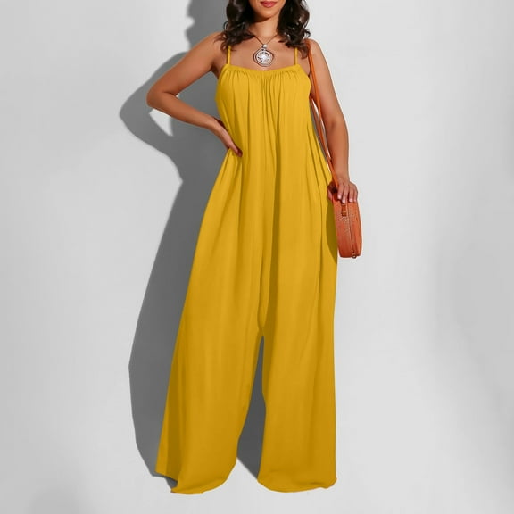 up to 60% off Gifts Usmixi Jumpsuits for Women Dressy Casual Solid High Waist Loose Wide Leg Spaghetti Strap Jumpsuits Overalls Summer Square Neck Sleeveless Plain Long Formal Rompers Yellow xl