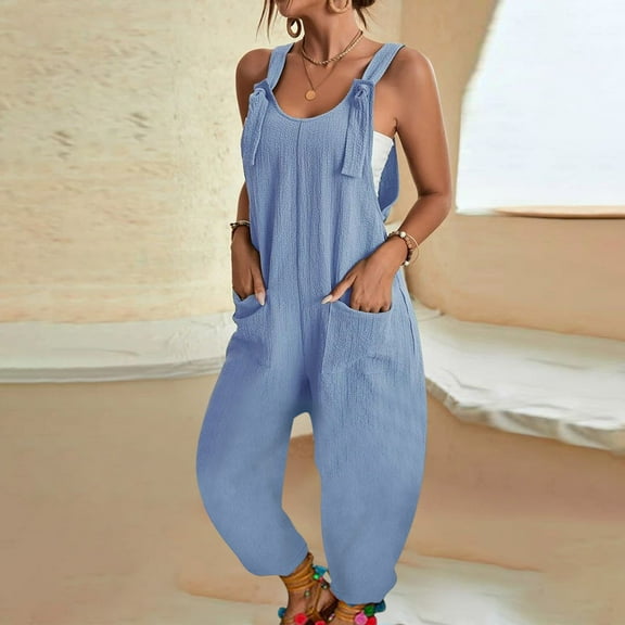 up to 60% off Gifts Usmixi Jumpsuits for Women Dressy Casual Solid Loose Pocket Adjustable Strap Maxi Jumpsuits Overalls Summer V-Neck Sleeveless Plain Long Formal Rompers Blue xxl