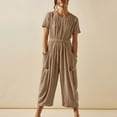 thumbnail image 1 of up to 60% off Gifts Usmixi Jumpsuits for Women Dressy Fashion Elastic Waist Pleated Cotton Linen Pocket Jumpsuits Summer Crewneck Short Sleeve Solid Long Trendy Rompers Khaki m, 1 of 7