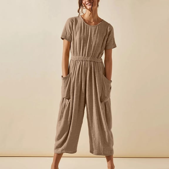 up to 60% off Gifts Usmixi Jumpsuits for Women Dressy Fashion Elastic Waist Pleated Cotton Linen Pocket Jumpsuits Summer Crewneck Short Sleeve Solid Long Trendy Rompers Khaki xl