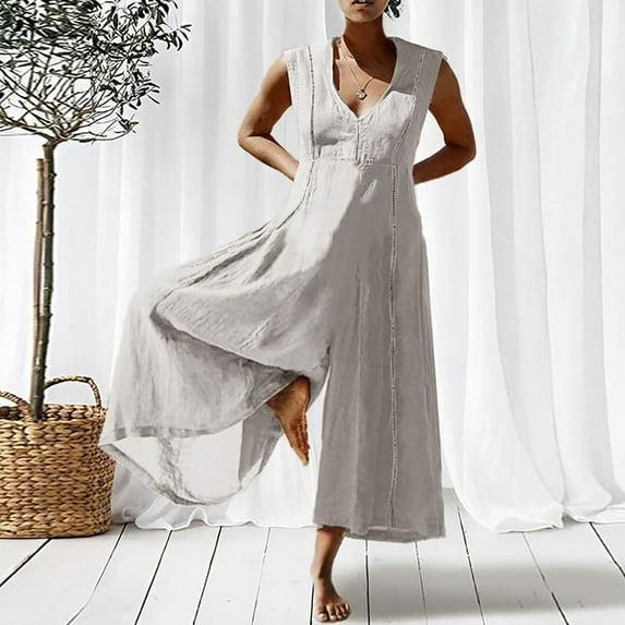 up to 60% off Gifts wycnly Jumpsuits for Women Dressy Plus Size Breathable Cotton Linen Baggy Wide Leg Casual Tank Long Jumpsuits Summer V-Neck Sleeveless Solid Maxi Formal Rompers White xxxxl