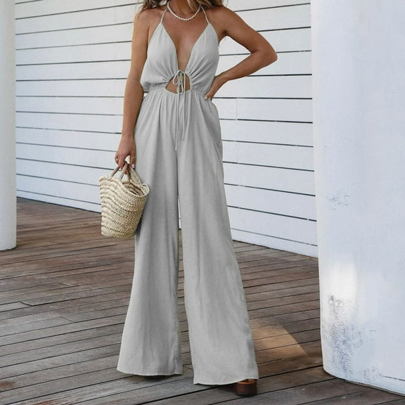 up to 60% off Gifts Usmixi Jumpsuits for Women Dressy Sexy Tie Front Hollow out Elastic Waist Wide Leg Halter Strap Jumpsuits Summer V-Neck Sleeveless Solid Long Formal Rompers Gray xl