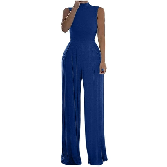 up to 60% off Gifts Usmixi Jumpsuits for Women Evening Party Prom Elegant Empire Waist Pleated Straight Leg Long Jumpsuits Overalls Summer Formal Solid Half High Neck Sleeveless Maxi Rompers Blue l