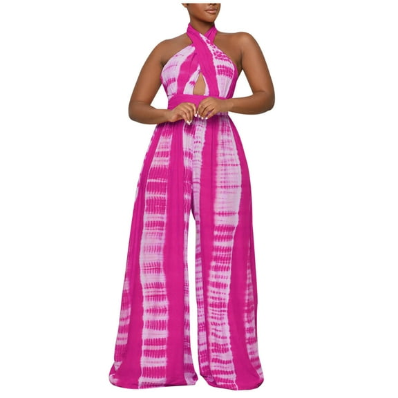up to 60% off Gifts Usmixi Jumpsuits for Women Party Prom Fashion Empire Waist Hollow out Loose Wide Leg Long Jumpsuits Overalls Summer Formal Tie-Dye Halter Sleeveless Maxi Rompers Hot Pink xl