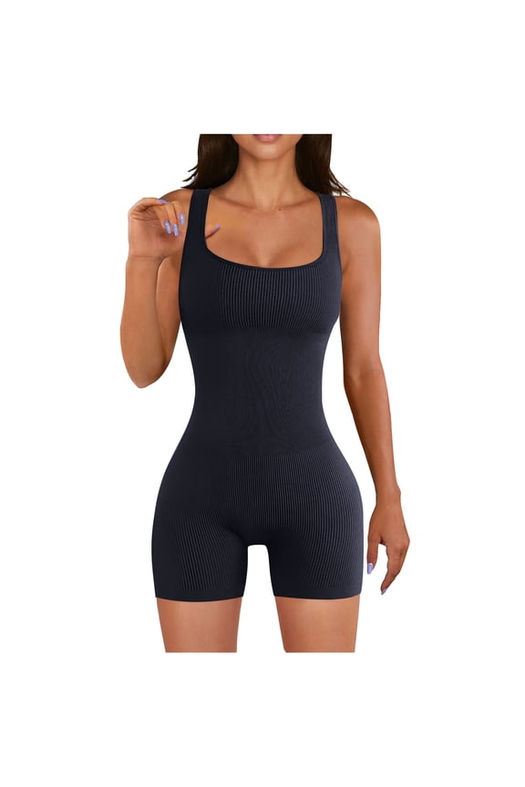 up to 60% off Gifts Usmixi Jumpsuits for Women Workout Sports Soft Knitted Ribbed Slim Yoga Tank Mini Jumpsuits Overalls Summer Formal Solid Square Neck Sleeveless Short Rompers Navy l