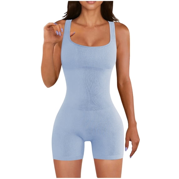 up to 60% off Gifts wycnly Jumpsuits for Women Workout Sports Soft Knitted Ribbed Slim Yoga Tank Mini Jumpsuits Overalls Summer Formal Solid Square Neck Sleeveless Short Rompers Blue xxl