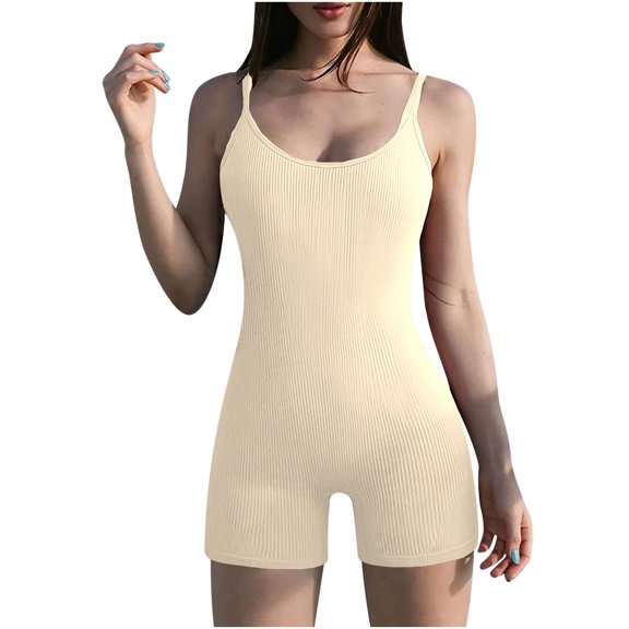 up to 60% off Gifts Usmixi Jumpsuits for Women Workout Sports Soft Stretch Knitted Ribbed Spaghetti Strap Short Jumpsuits Overalls Summer Formal Solid Scoop Neck Sleeveless Mini Rompers Beige s