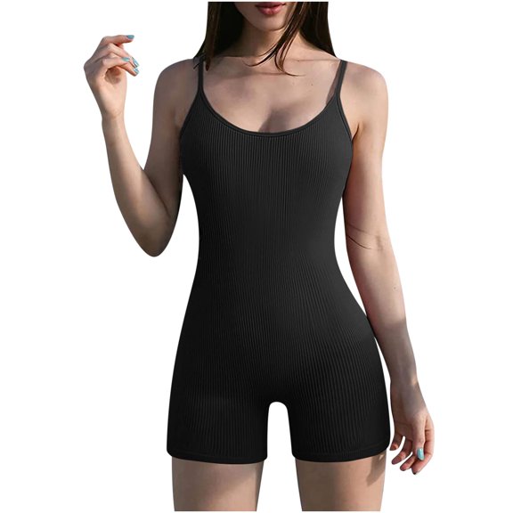 up to 60% off Gifts Usmixi Jumpsuits for Women Workout Sports Soft Stretch Knitted Ribbed Spaghetti Strap Short Jumpsuits Overalls Summer Formal Solid Scoop Neck Sleeveless Mini Rompers Black m