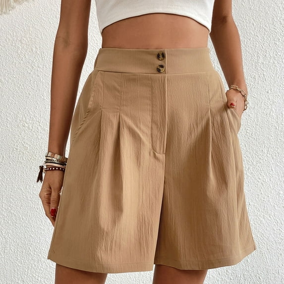 up to 60% off Gifts Usmixi Loose Straight Shorts for Women Summer Comfy Breathable Button High Waist Short Pants Casual Solid Pleated Wide Leg Shorts with Pocket Khaki l