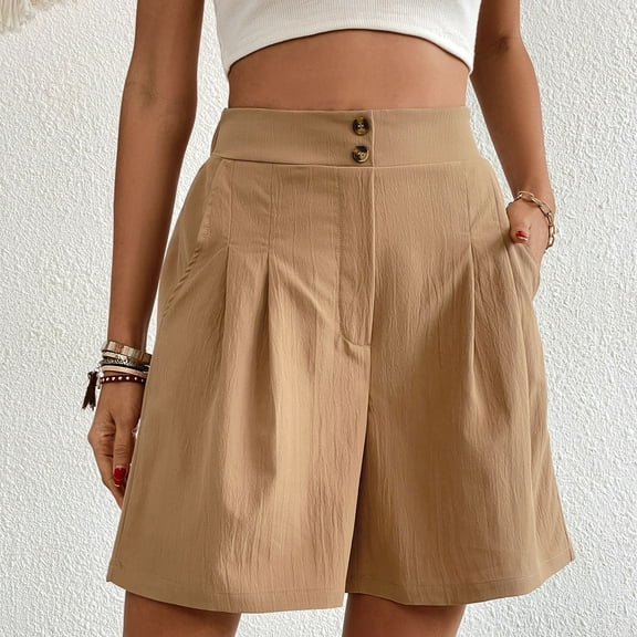 up to 60% off Gifts Usmixi Loose Straight Shorts for Women Summer Comfy Breathable Button High Waist Short Pants Casual Solid Pleated Wide Leg Shorts with Pocket Khaki m