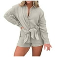 thumbnail image 1 of up to 60% off Gifts Usmixi Lounge Set for Women Cotton Linen 2 Piece Outfit Sets for Women Lapel Button Down Shirts Jacket and Shorts Lounge Sets Casual Solid Homewear Suit with Pocket Holiday, 1 of 7
