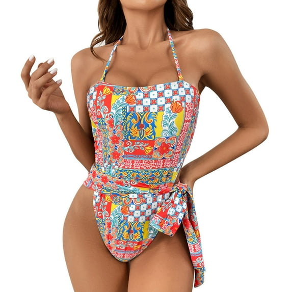 up to 30% off up to 60% off Gifts Usmixi One-Piece Swimsuits for Women Vintage Sexy Cut-out Halter Monokini Swimsuits Bathing Suits Sleeveless Tube Top Western Graphics Swimwears Red M Up to 65% off