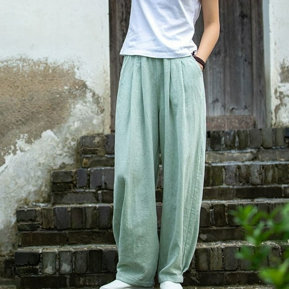 up to 60% off Gifts Usmixi Plus Size Trousers for Women Vintage Cotton Linen Solid Breathable Summer Long Pants Elastic Waist Loose Straight Pocket Pants Green XXL