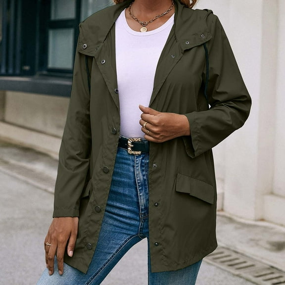 up to 60% off Gifts Usmixi Raincoats for Women Womens Rain Jackets Outdoor Front Open Button Down Drawstring Hooded Trench Coats Casual Solid Long Sleeve Windbreaker Outerwear with Pocket
