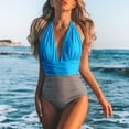 thumbnail image 1 of up to 60% off Gifts Usmixi Sexy Swimsuits for Women High Waist Tummy Control Halter Bathing Suit Sleeveless V-Neck Striped Print Swimwears One-Piece Swimsuits Blue S, 1 of 5